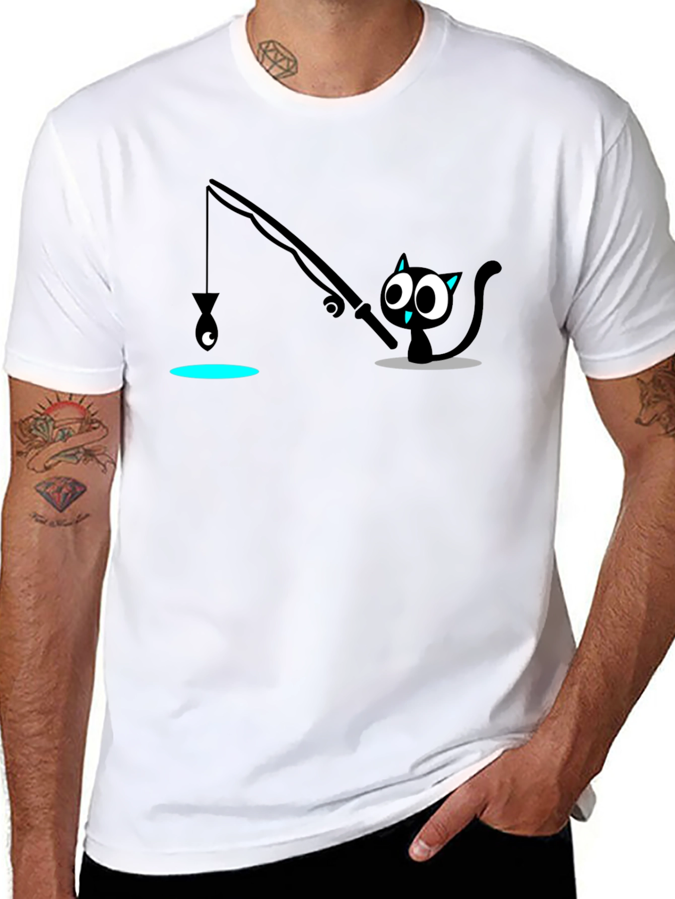 Fishing Cat Graphic T-Shirt - Black Cotton Tee
