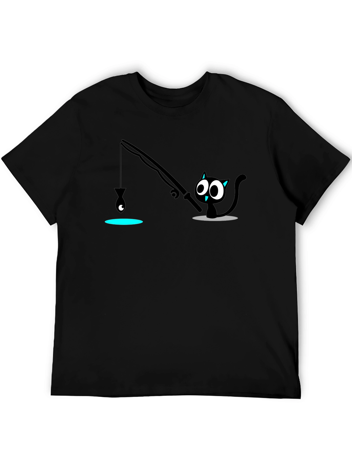 Fishing Cat Graphic T-Shirt - Black Cotton Tee