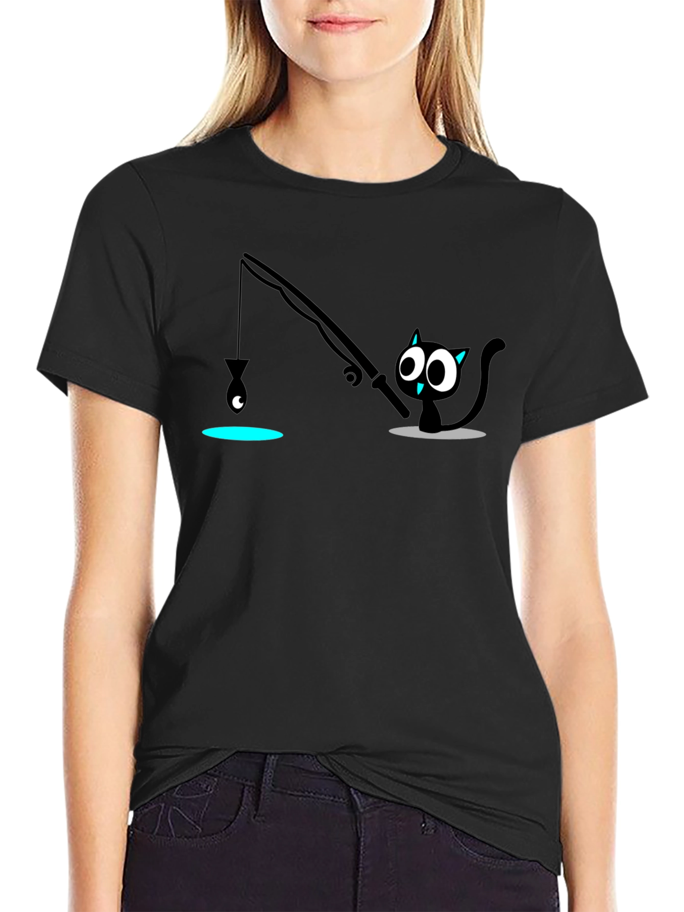 Fishing Cat Graphic T-Shirt - Black Cotton Tee