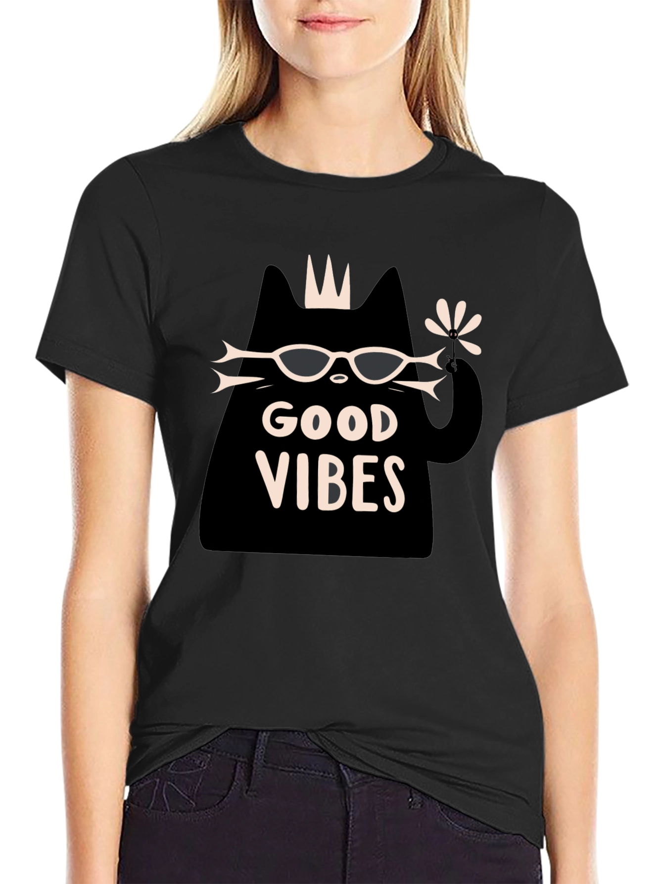 Good Vibes Cat Graphic T-Shirt - Black