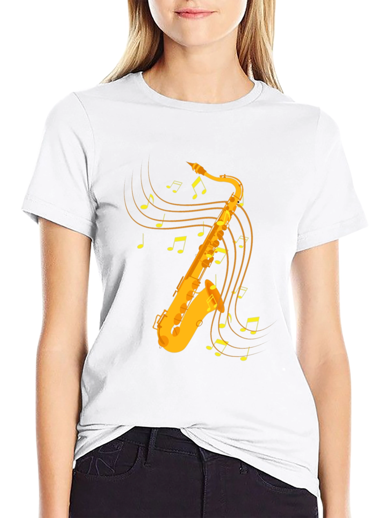 Saxophone & Music Note Graphic Tee - Black