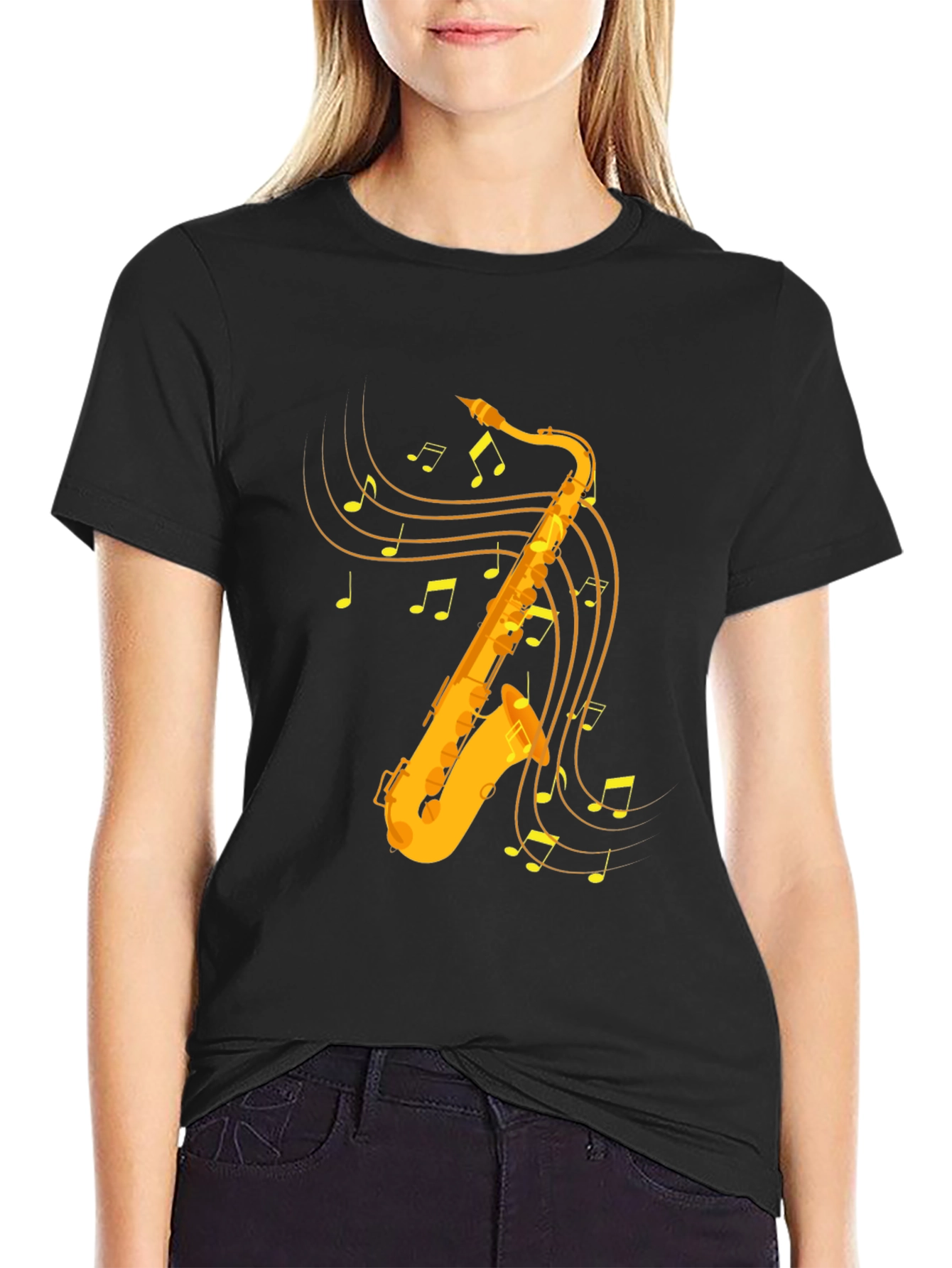 Saxophone & Music Note Graphic Tee - Black