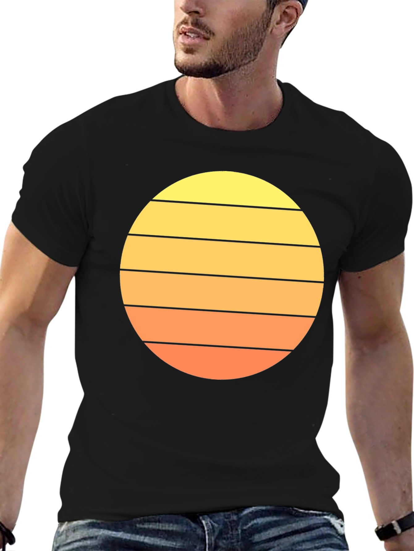 Retro Sunset Striped T-Shirt - Mens Black Tee