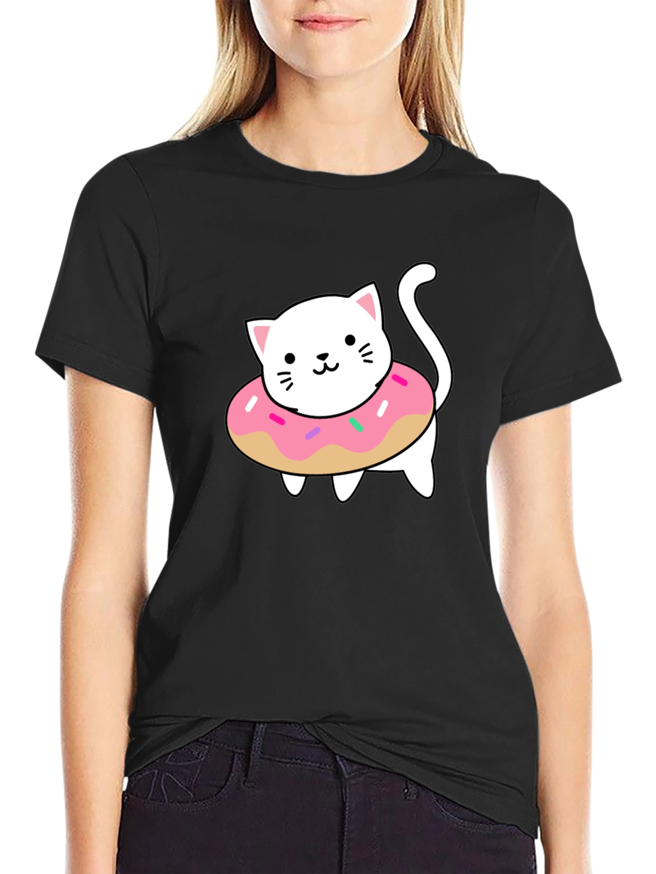Cute Cat Donut T-Shirt - Stylish Black Tee