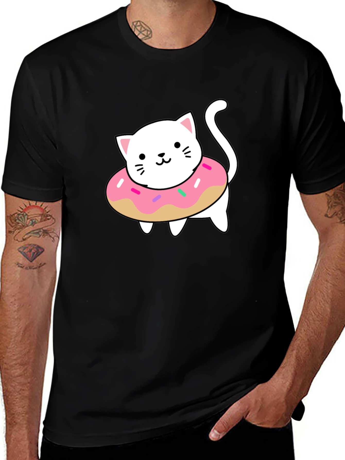 Cute Cat Donut T-Shirt - Stylish Black Tee