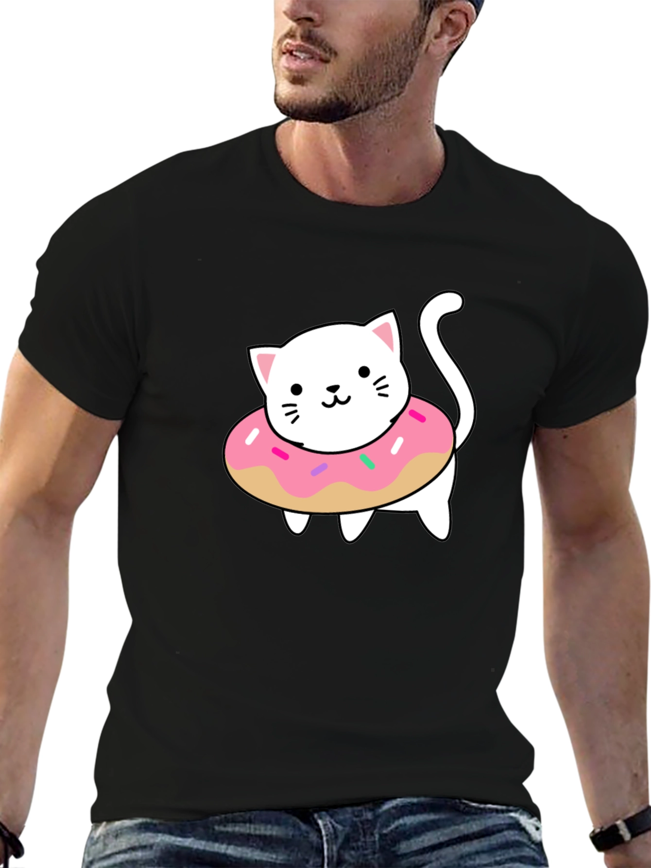 Cute Cat Donut T-Shirt - Stylish Black Tee