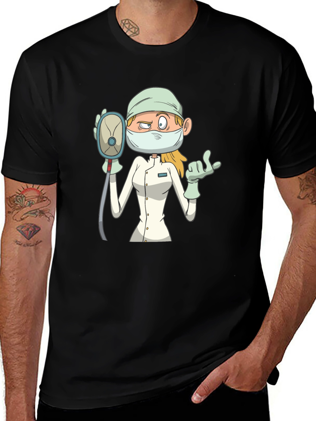 Cartoon Nurse T-Shirt - Unisex Black Tee