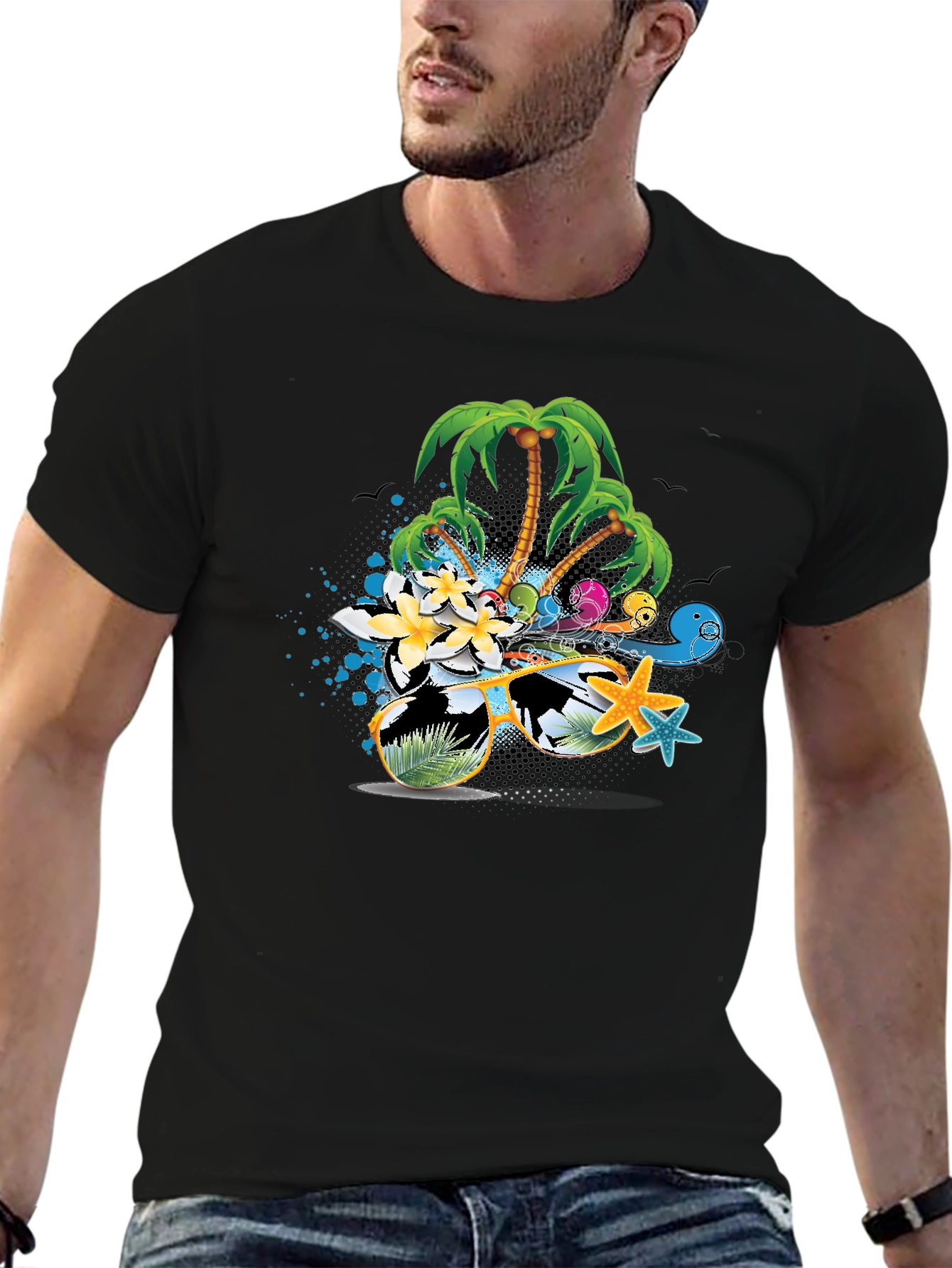 Tropical Beach Graphic Tee - Black