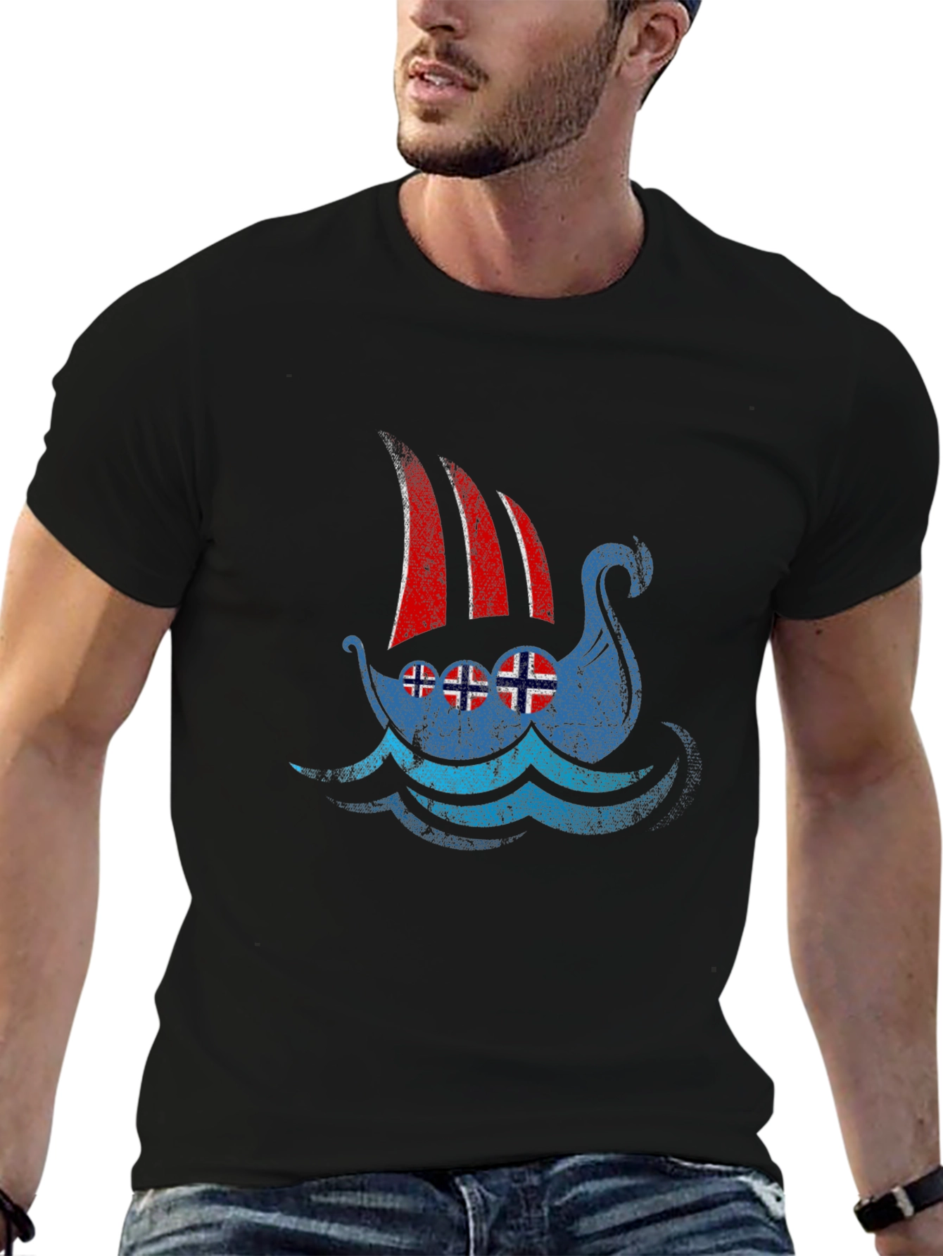 Viking Ship Norway Flag T-Shirt - Black