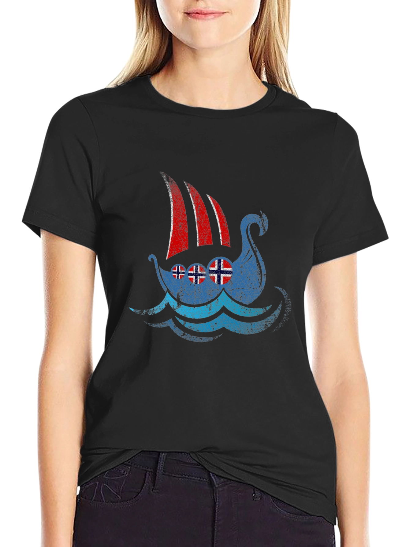 Viking Ship Norway Flag T-Shirt - Black