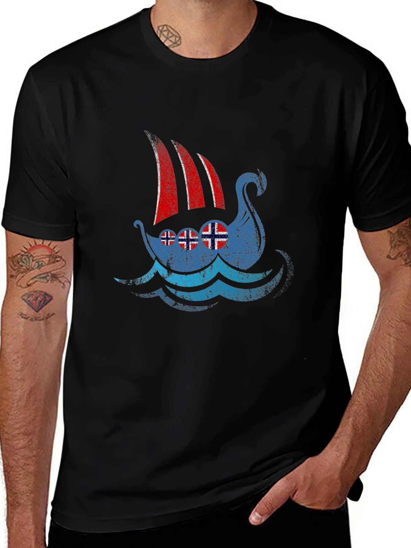 Viking Ship Norway Flag T-Shirt - Black