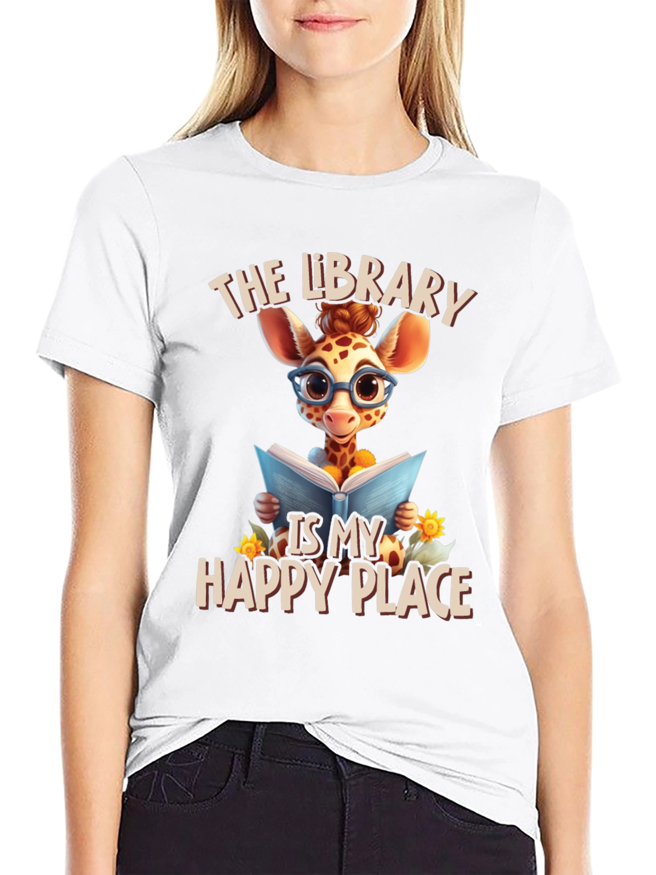 Giraffe Reader T-Shirt: Library is My Happy Place