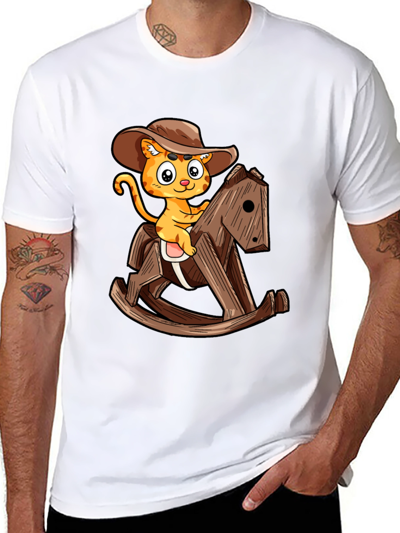 Cartoon Cat Cowboy on Rocking Horse T-Shirt