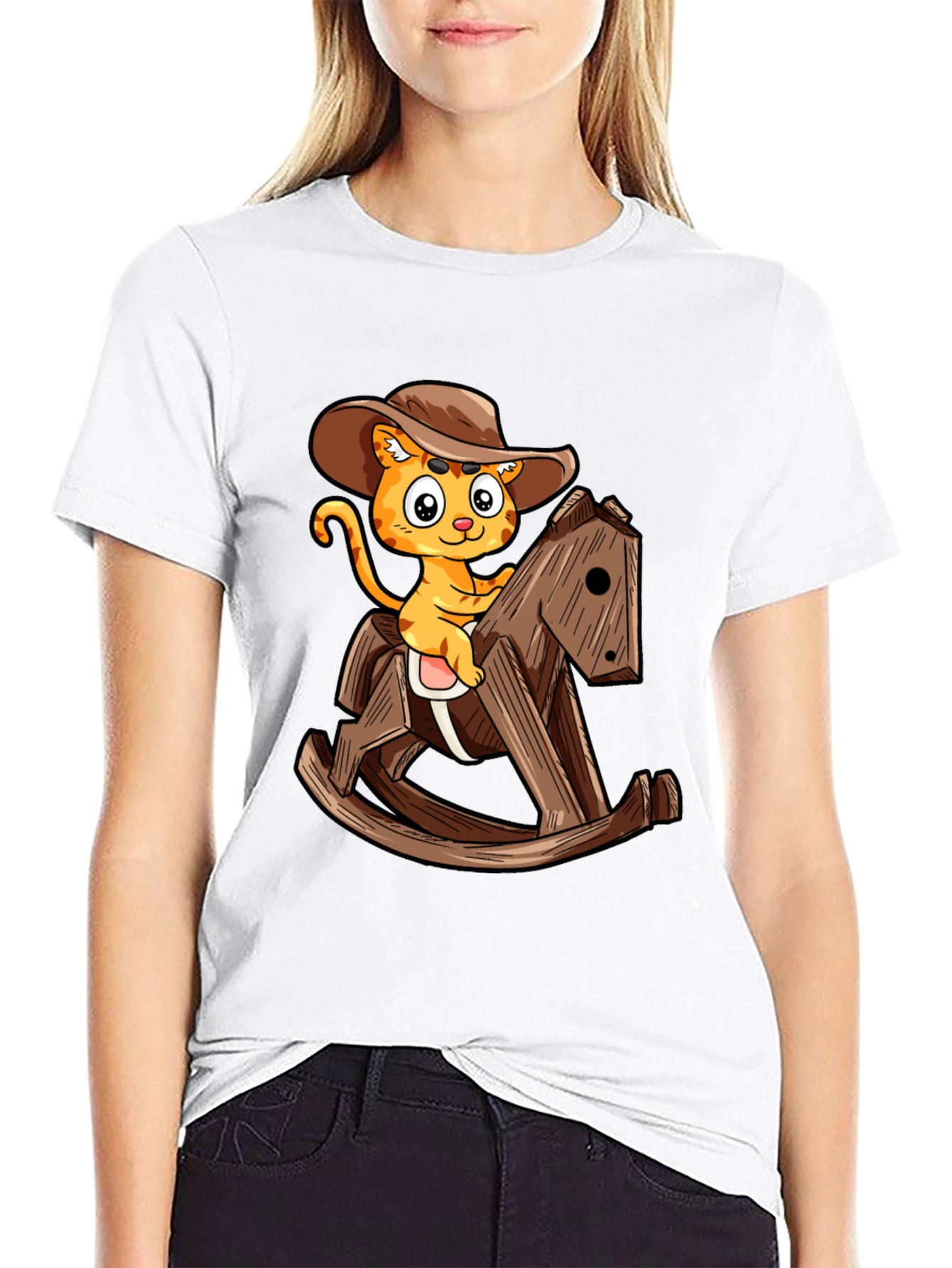Cartoon Cat Cowboy on Rocking Horse T-Shirt
