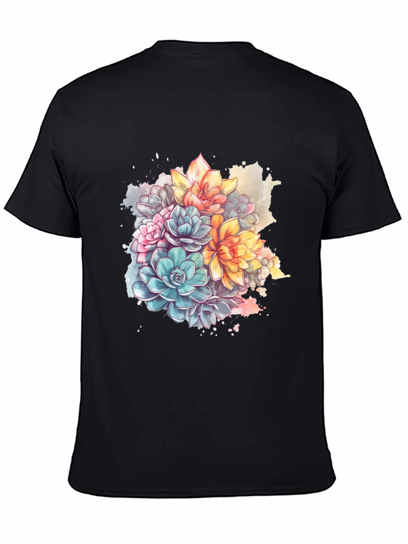 Floral Succulent Print Black T-Shirt