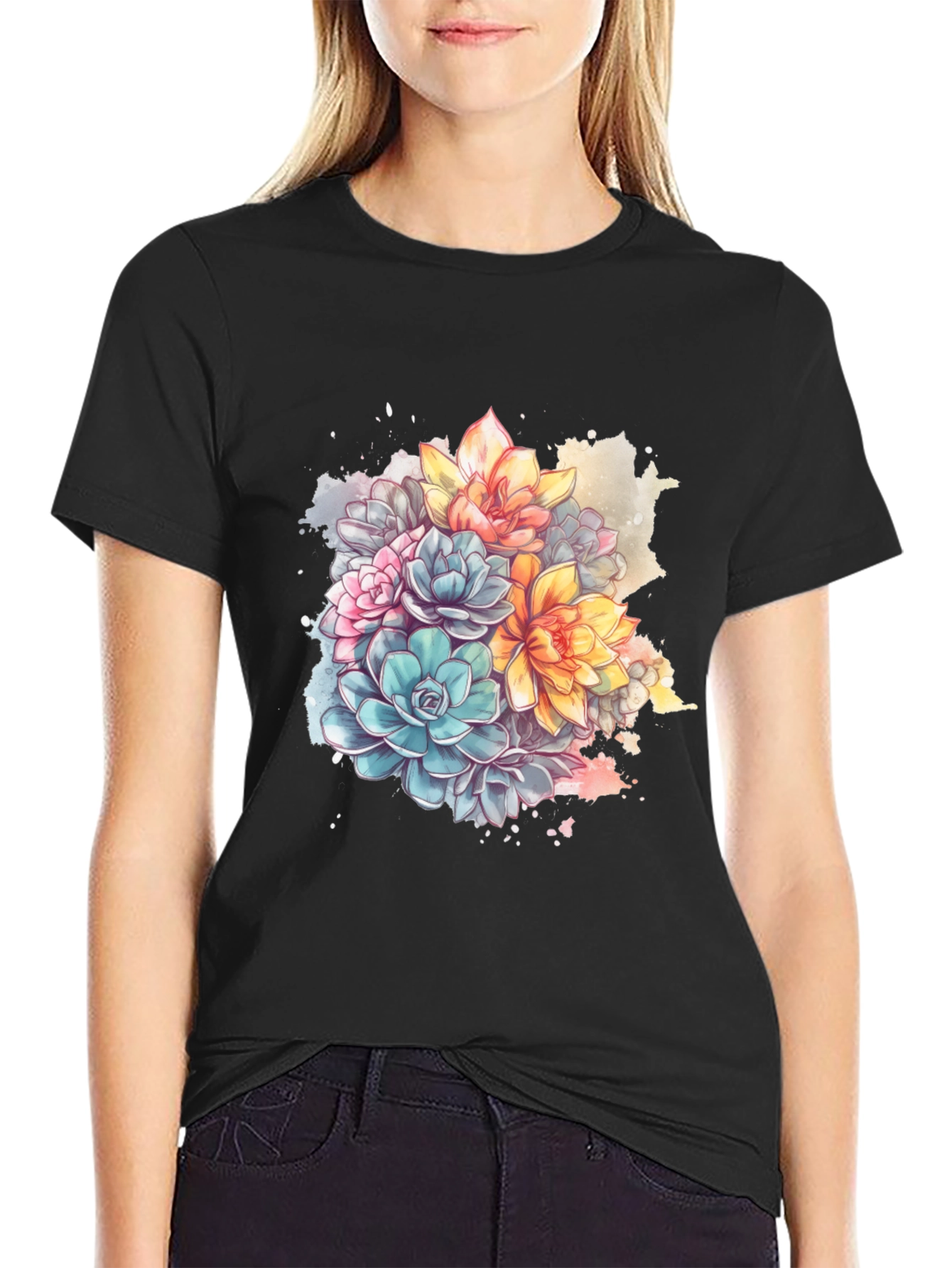 Floral Succulent Print Black T-Shirt