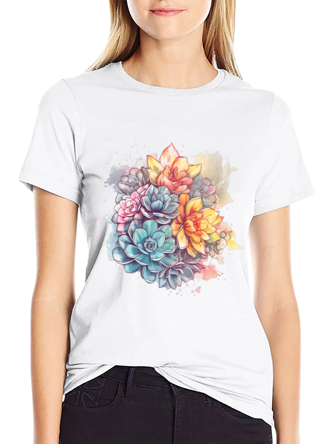 Floral Succulent Print Black T-Shirt