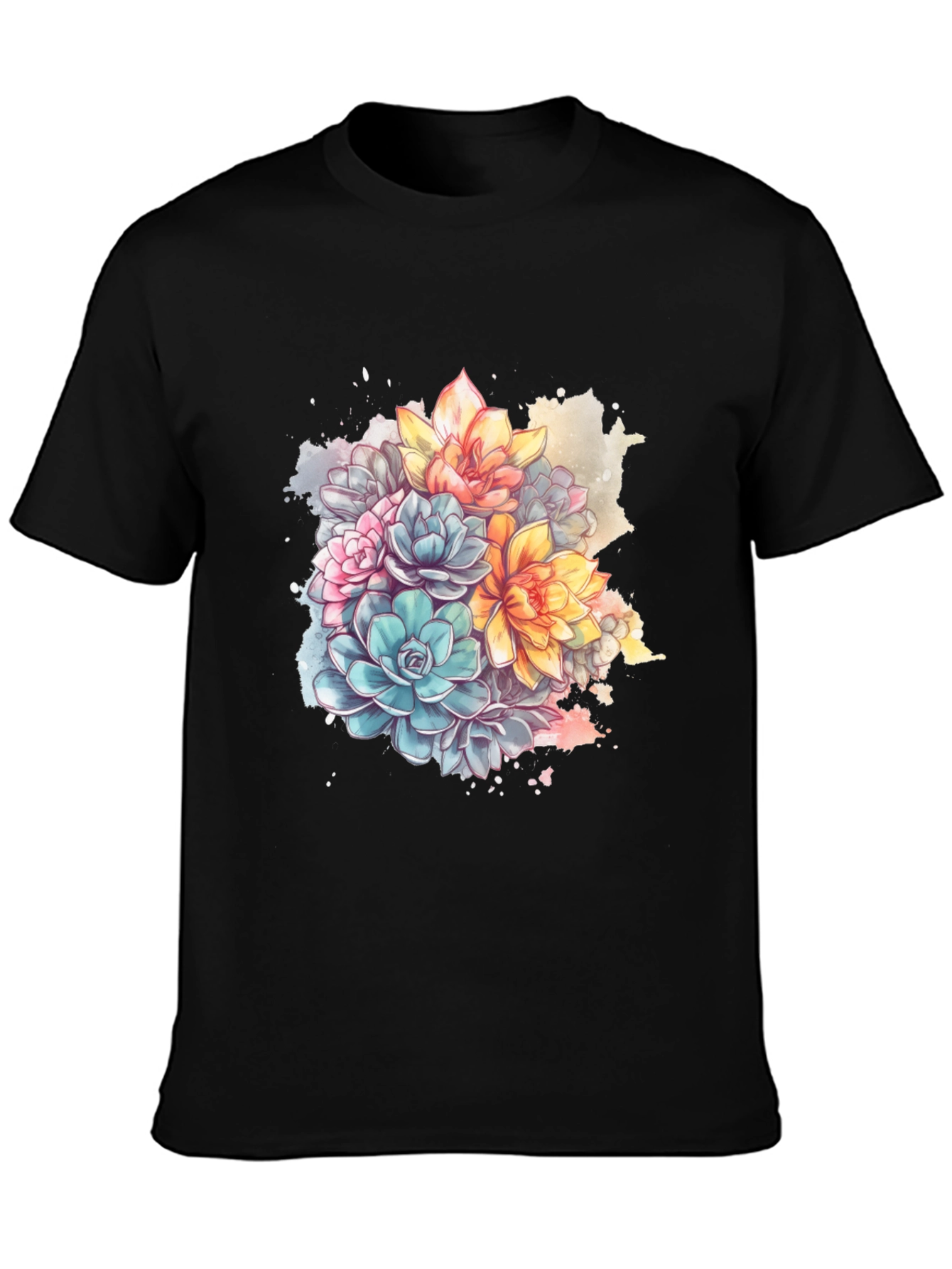 Floral Succulent Print Black T-Shirt