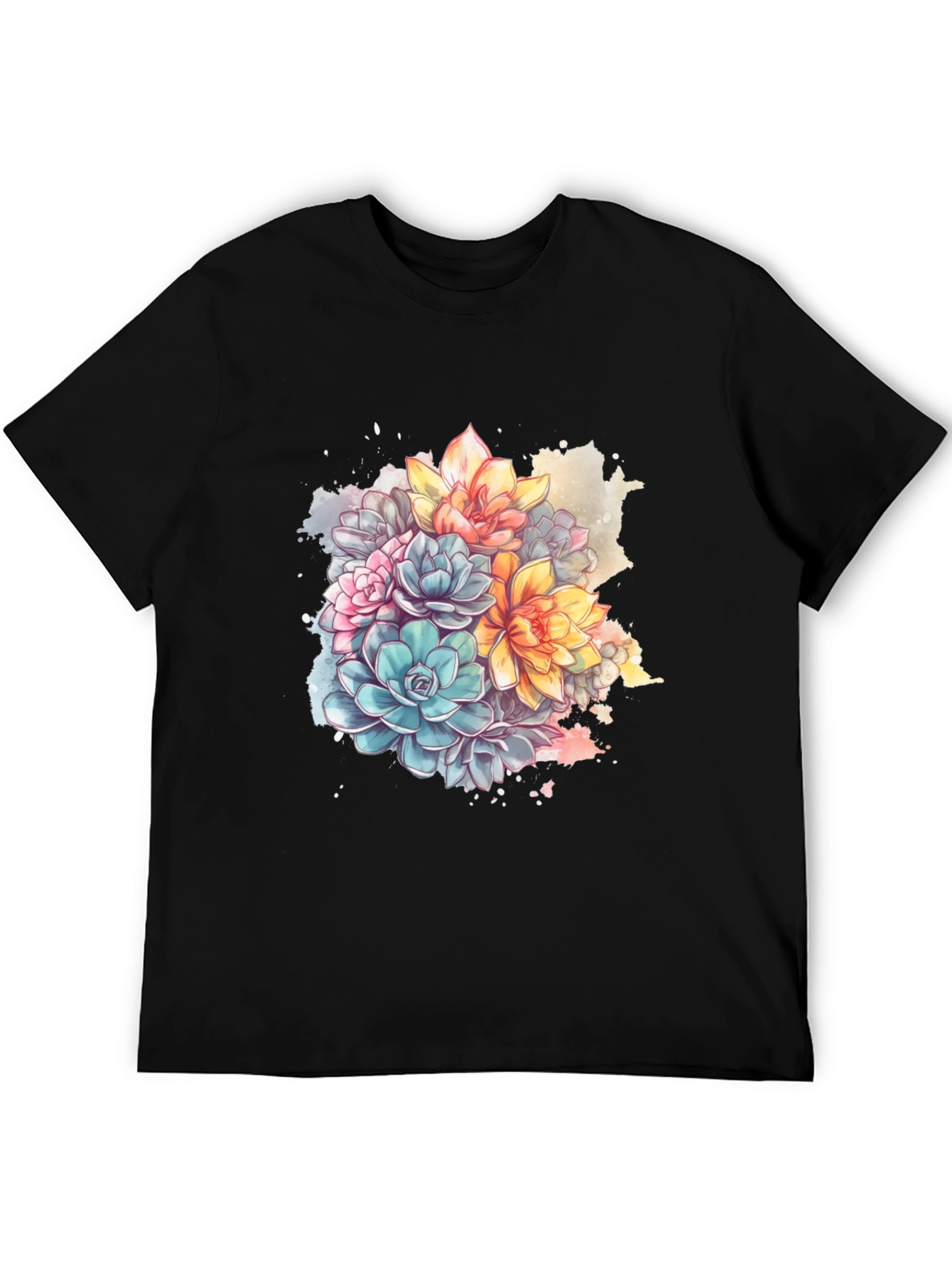 Floral Succulent Print Black T-Shirt