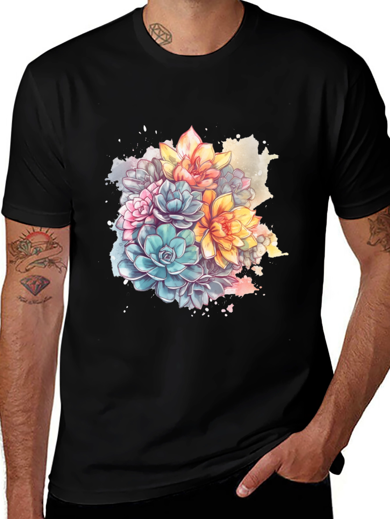 Floral Succulent Print Black T-Shirt