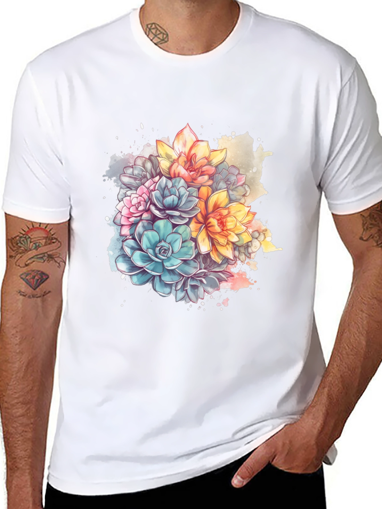 Floral Succulent Print Black T-Shirt