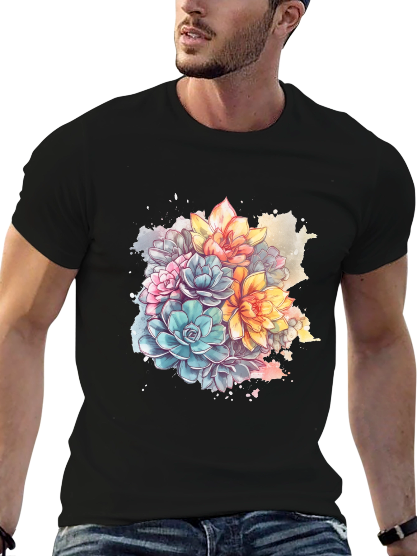 Floral Succulent Print Black T-Shirt