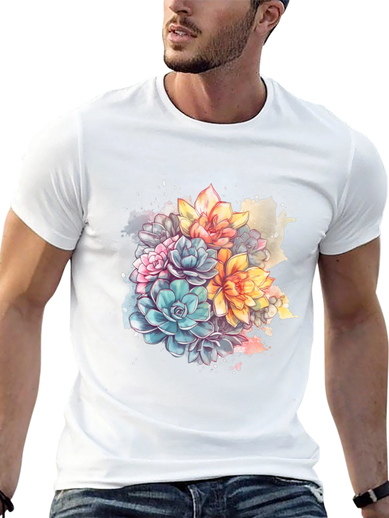 Floral Succulent Print Black T-Shirt