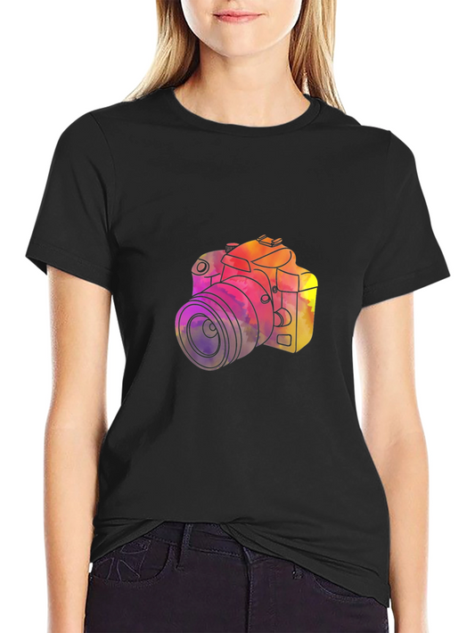Colorful Camera Graphic Tee - Black Cotton T-Shirt