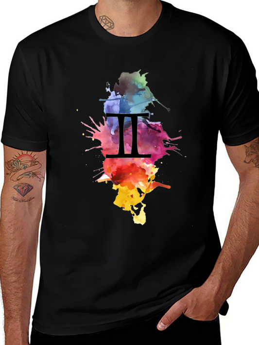 Gemini Zodiac Watercolor Splatter Black T-Shirt