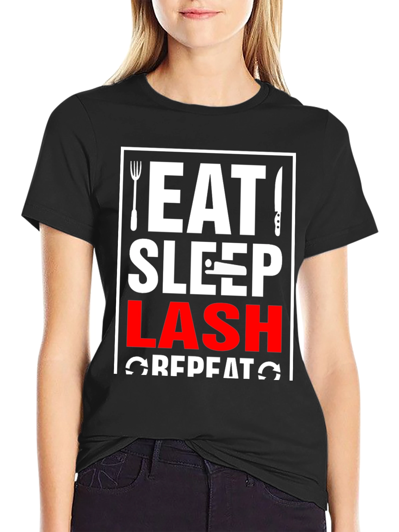 Eat Sleep Lash Repeat Black Graphic T-Shirt