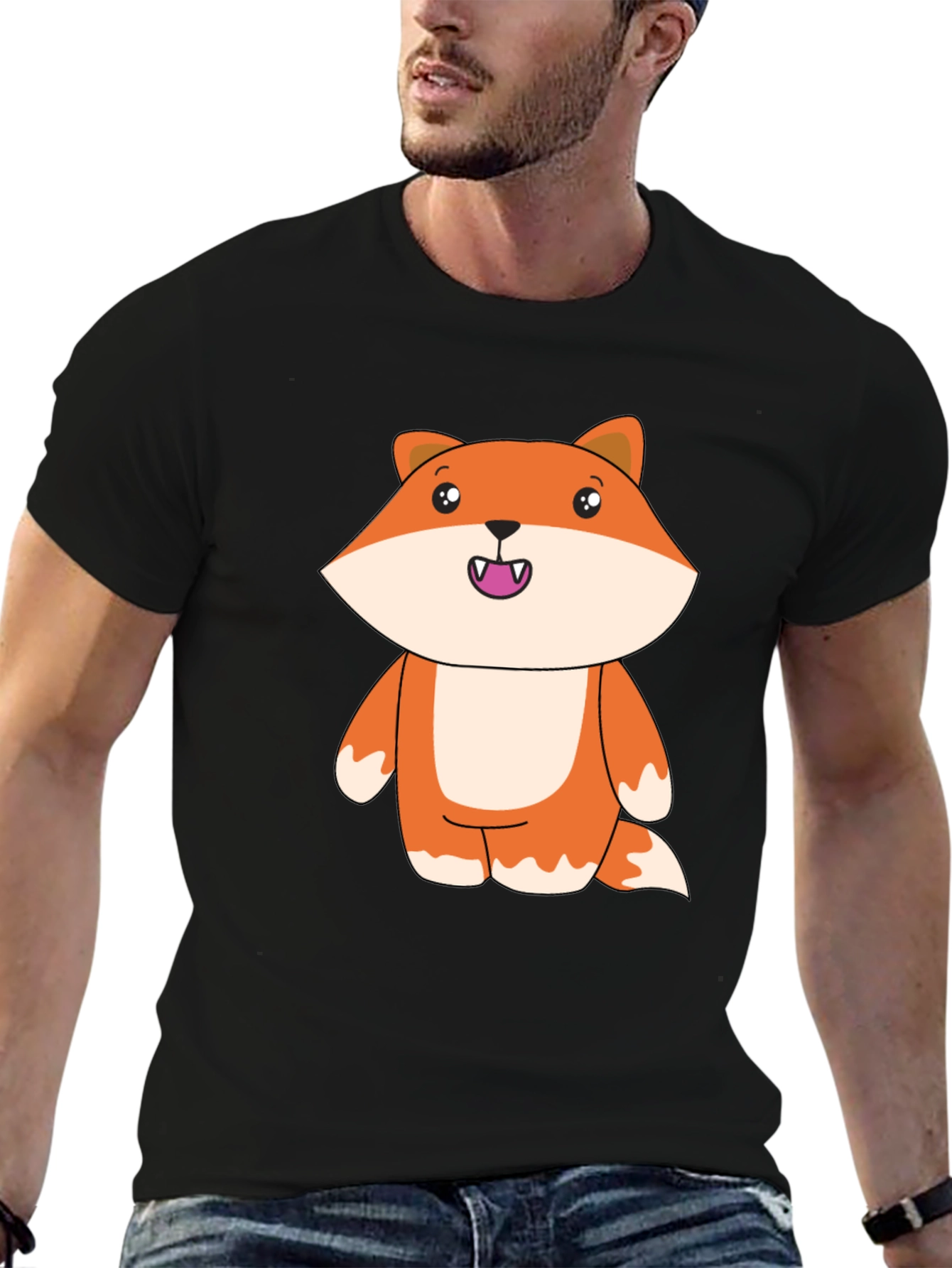 Cute Cartoon Fox Black T-Shirt
