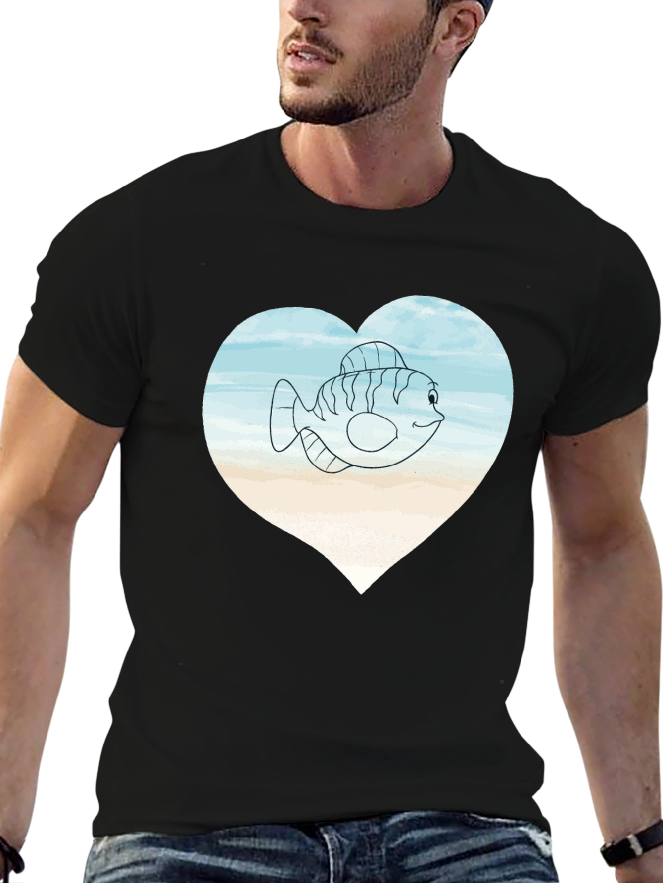 Fish Heart Graphic Tee -  Mens Black T-Shirt