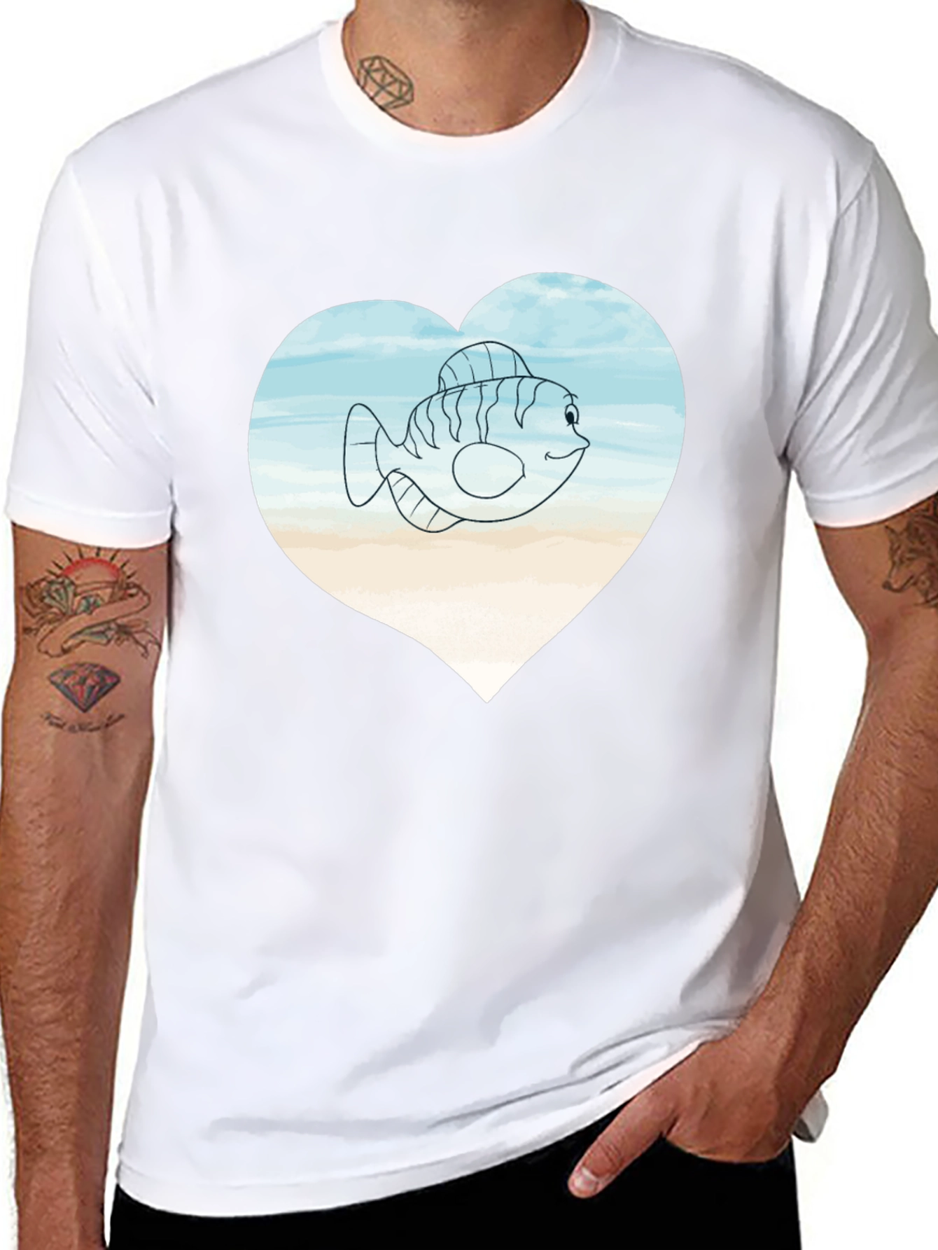 Fish Heart Graphic Tee -  Mens Black T-Shirt