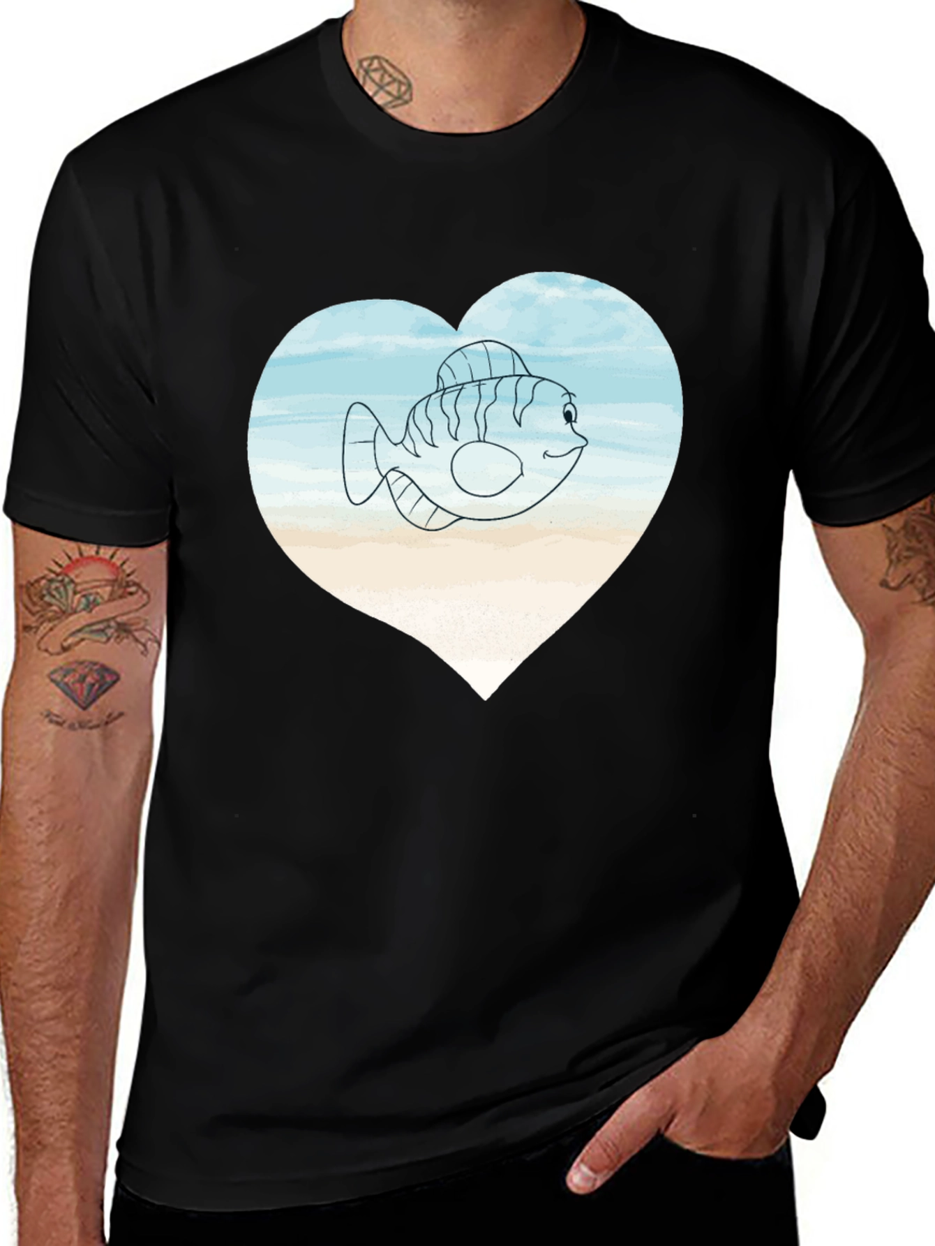 Fish Heart Graphic Tee -  Mens Black T-Shirt