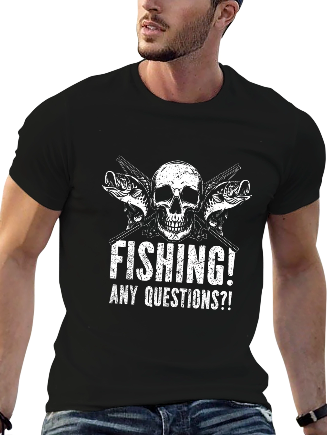 Fishing Skull T-Shirt - Any Questions?! Black Tee