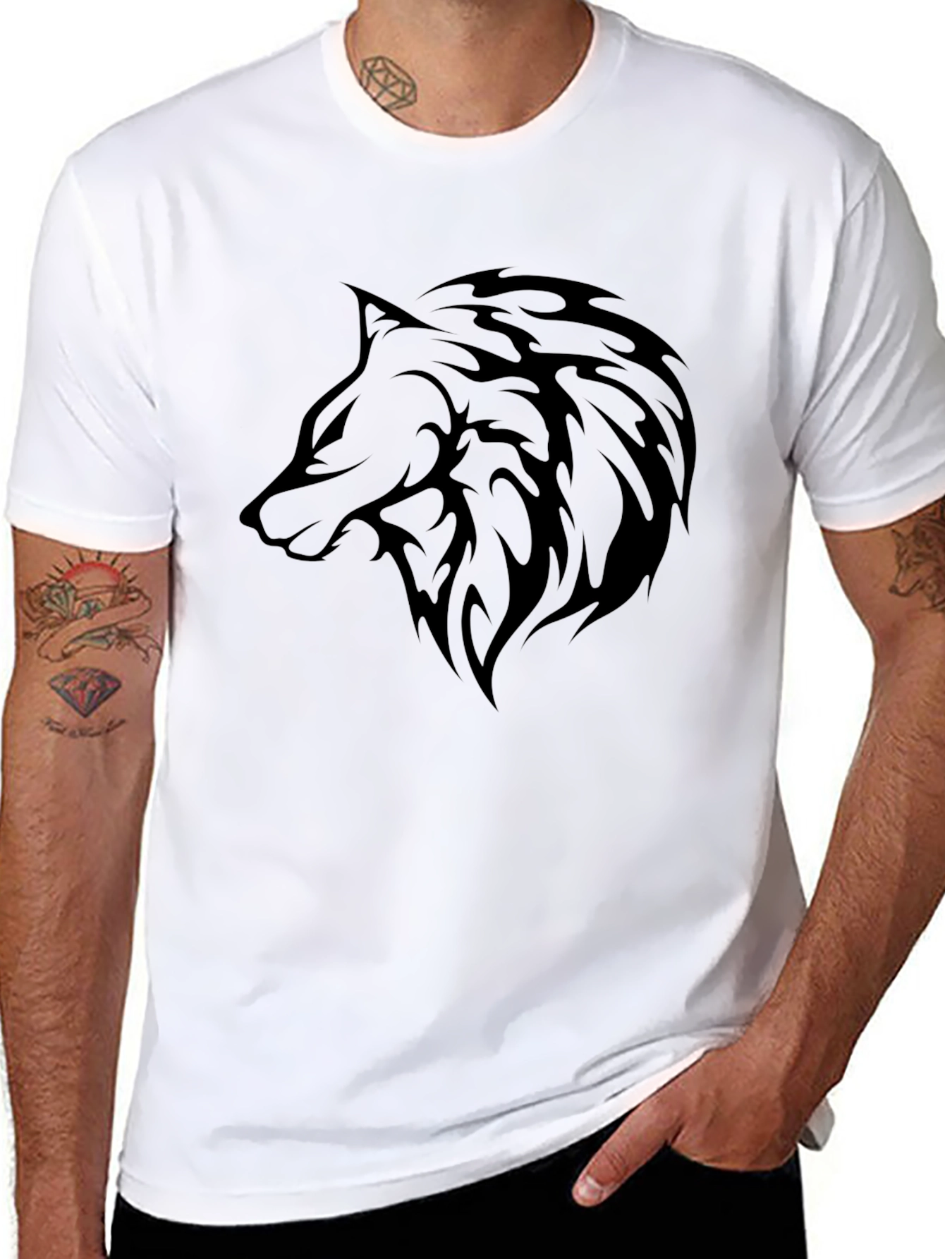 Mens Black T-Shirt with Wolf Graphic