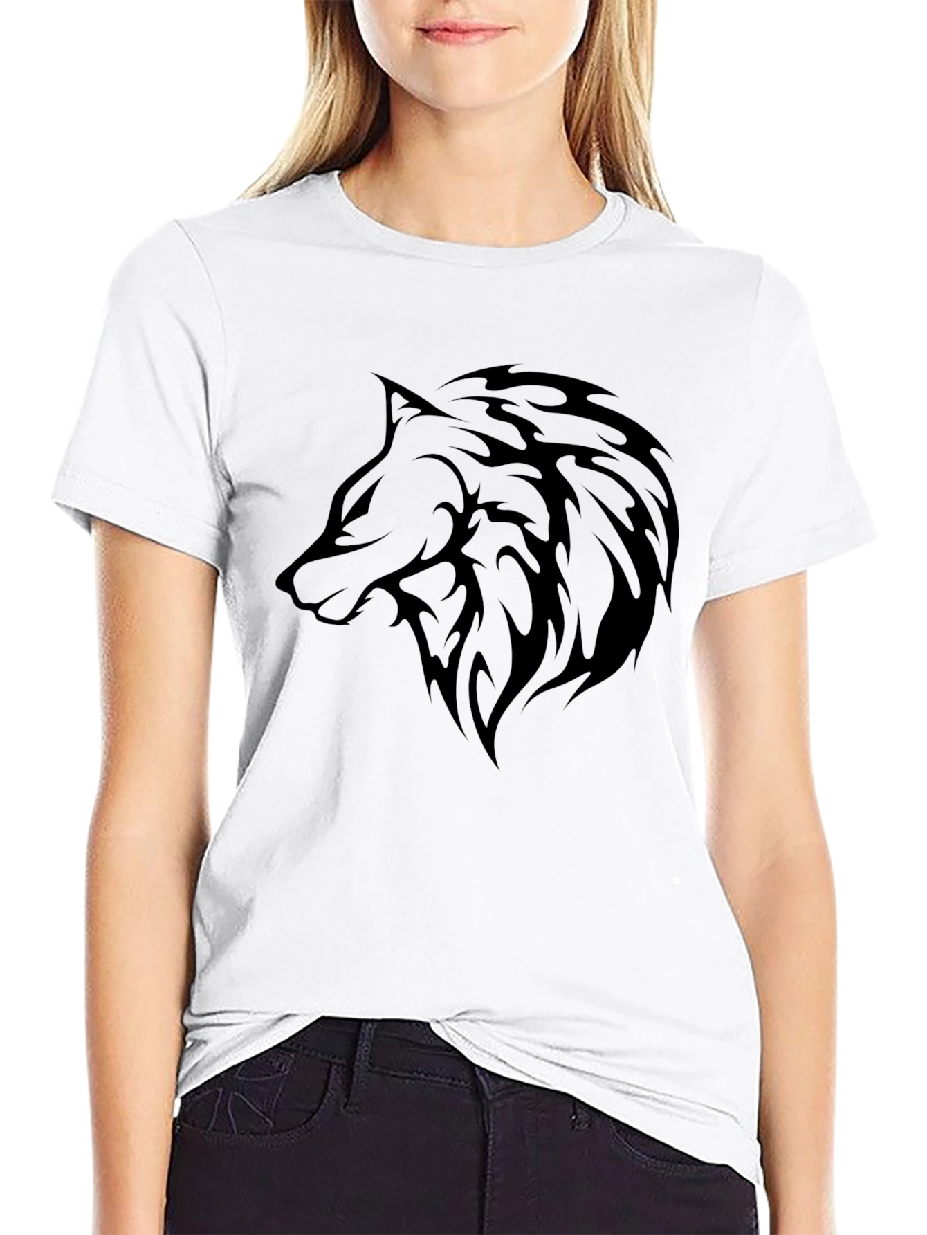 Mens Black T-Shirt with Wolf Graphic