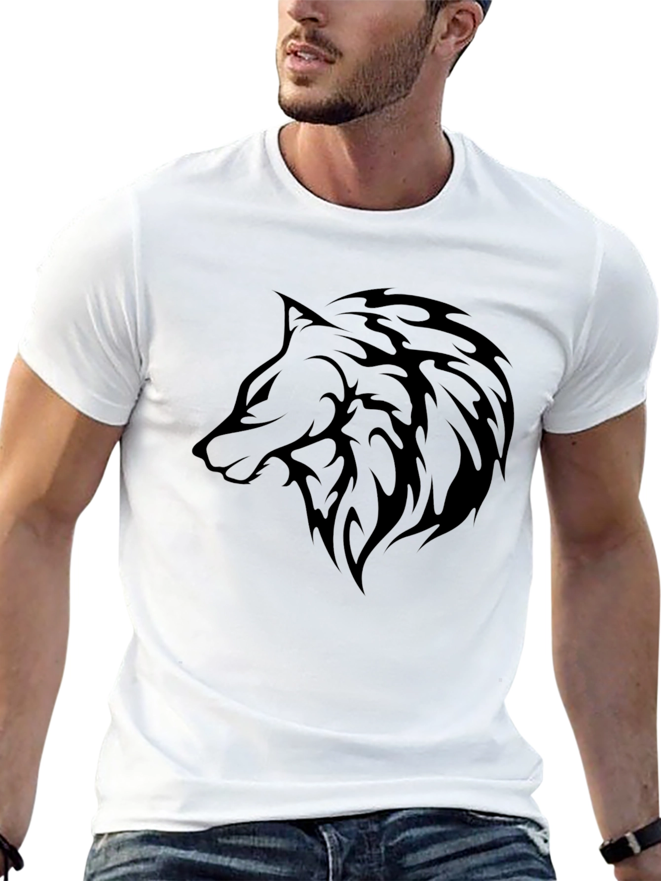 Mens Black T-Shirt with Wolf Graphic
