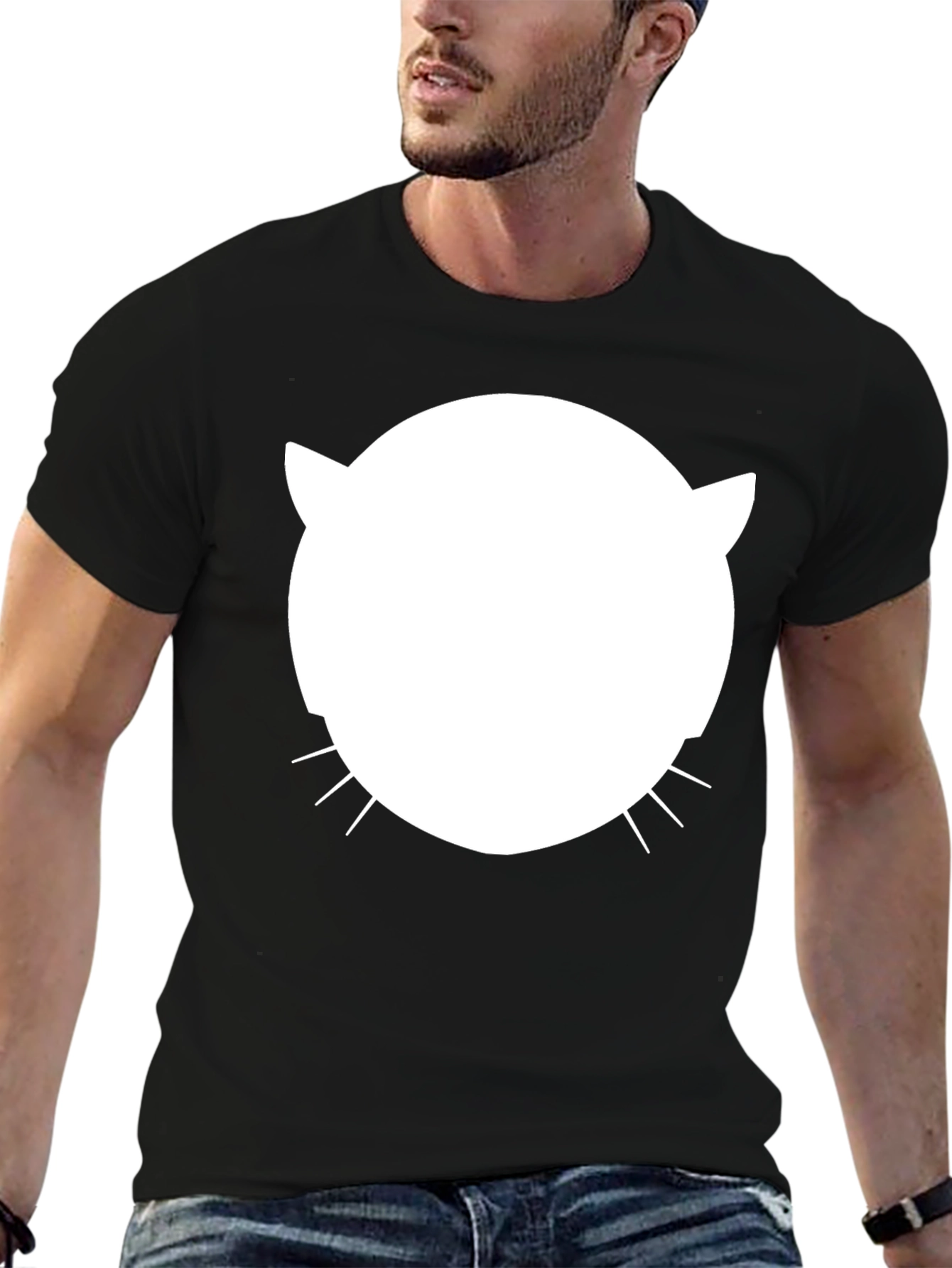 Cool Cat Face Graphic Tee - Black Cotton Blend
