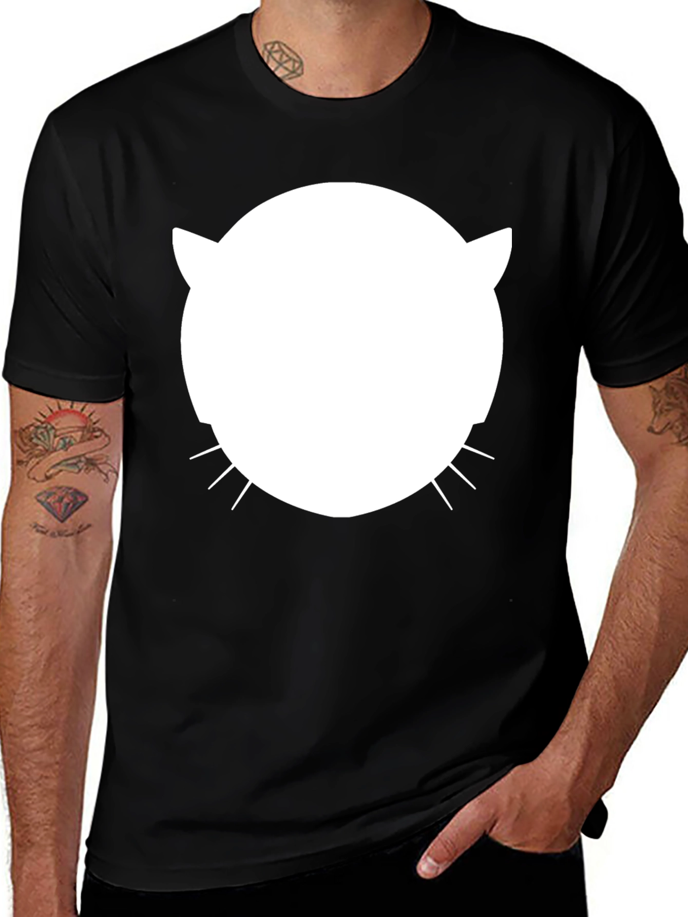 Cool Cat Face Graphic Tee - Black Cotton Blend