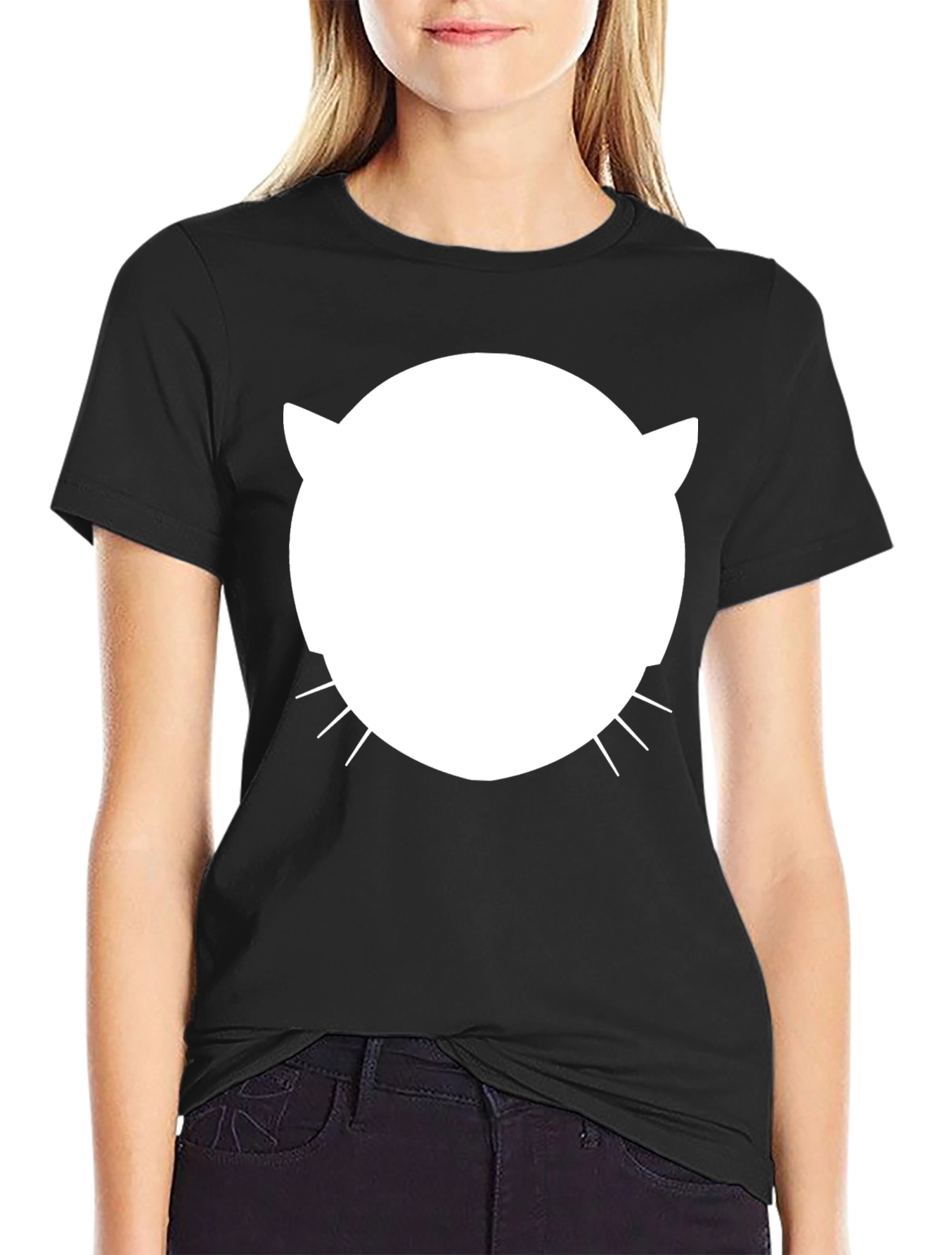 Cool Cat Face Graphic Tee - Black Cotton Blend