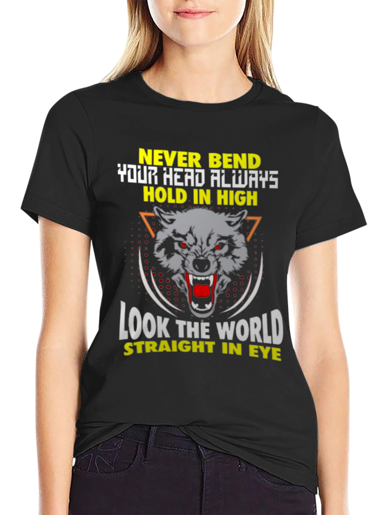 Wolf Graphic Black T-Shirt: Never Bend Hold High