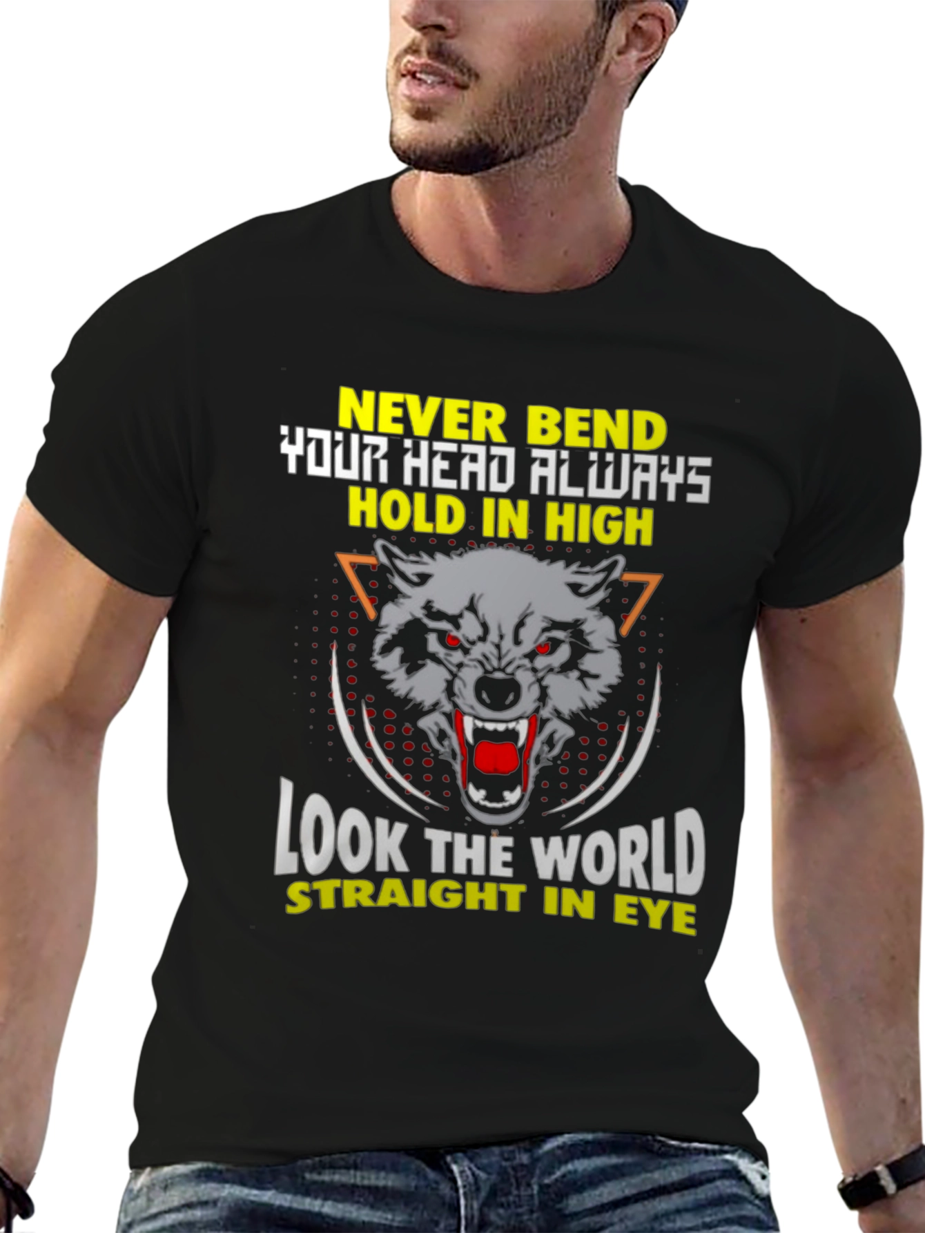 Wolf Graphic Black T-Shirt: Never Bend Hold High