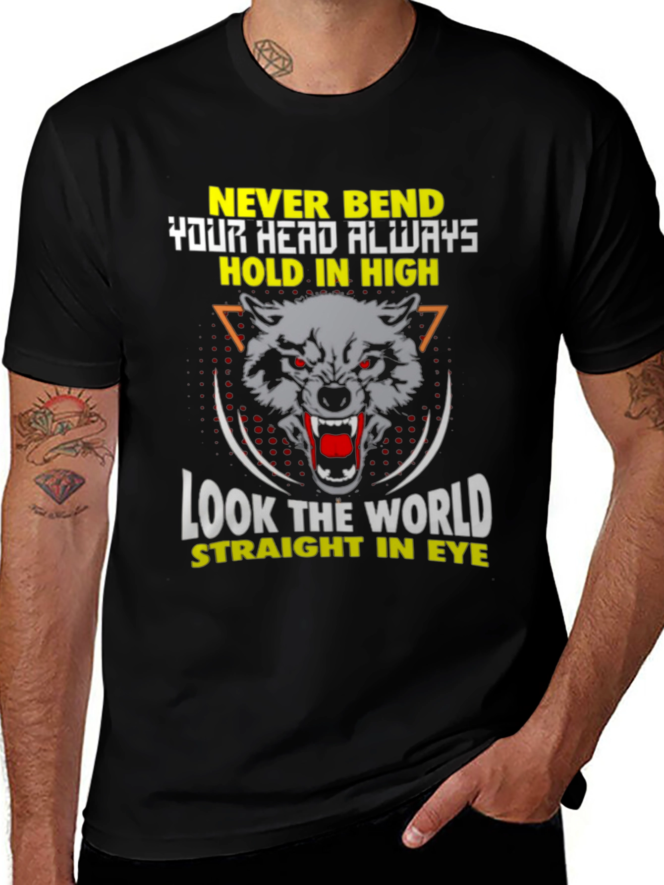 Wolf Graphic Black T-Shirt: Never Bend Hold High