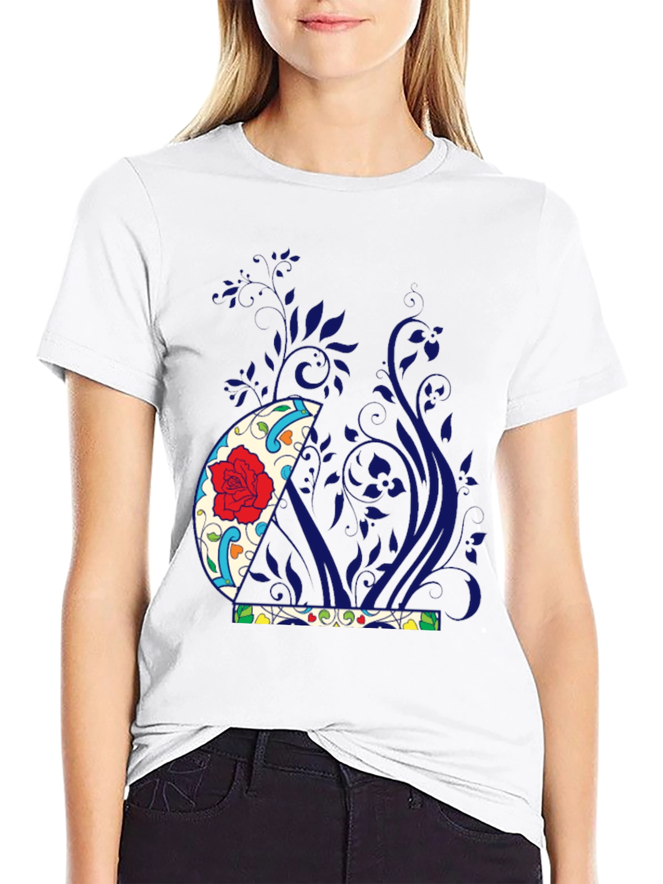 Floral Crescent Graphic Black Tee