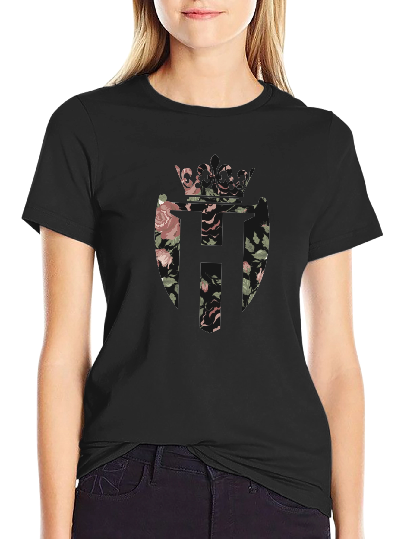 Floral Crown Emblem Black T-Shirt