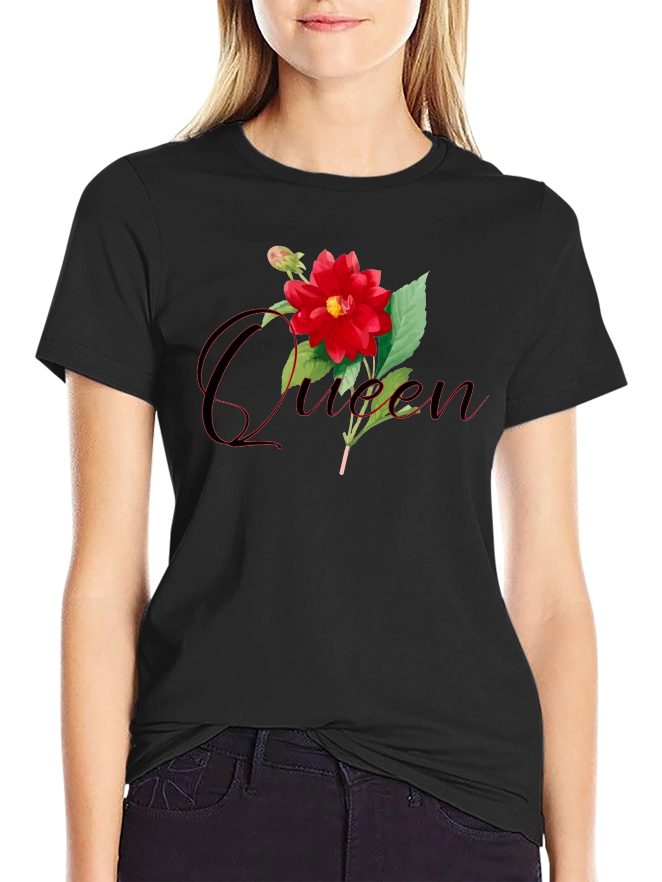 Queen Dahlia Flower Graphic T-Shirt - Stylish Black Tee