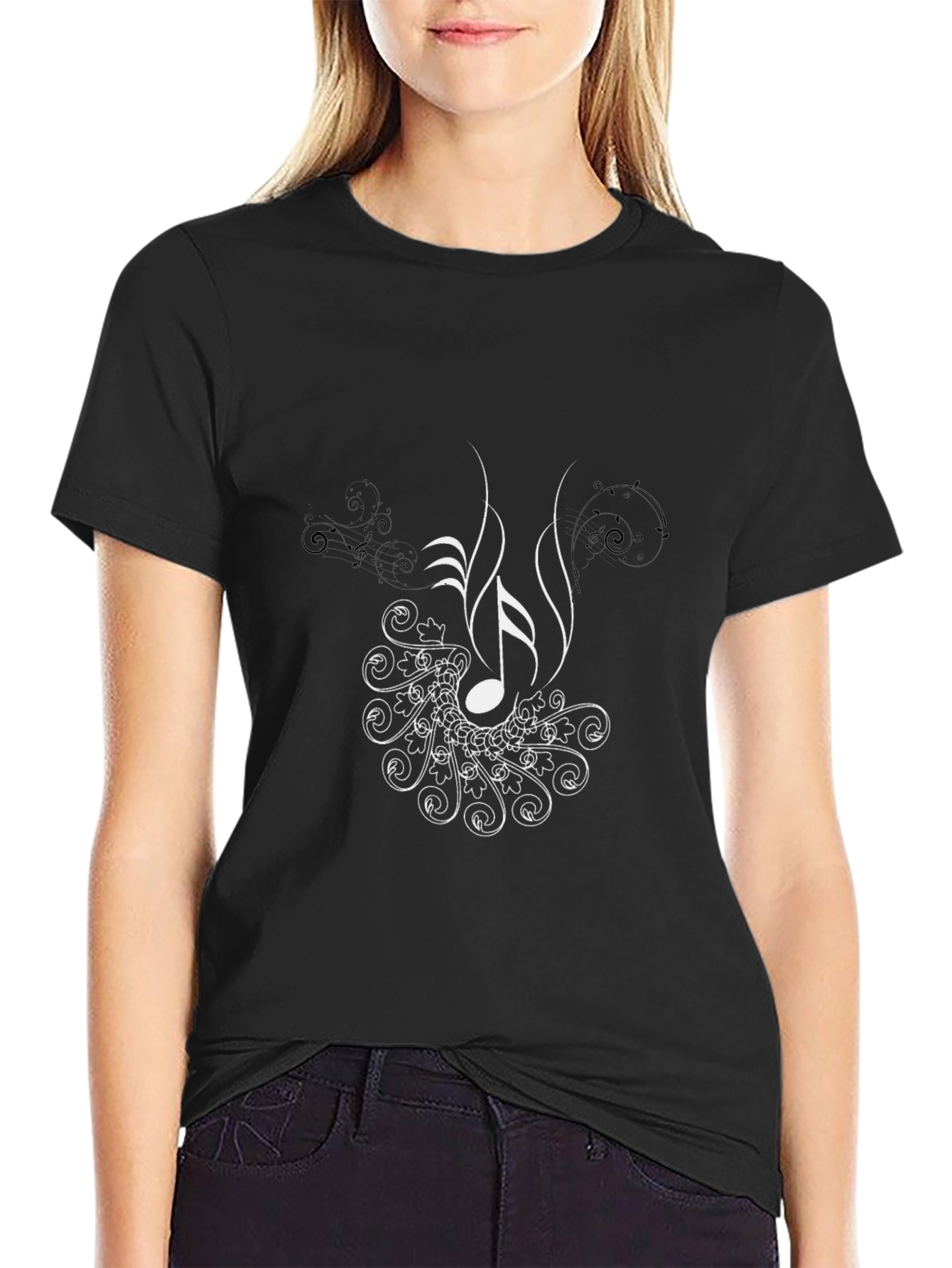 Music Note Graphic Tee - Black Cotton T-Shirt