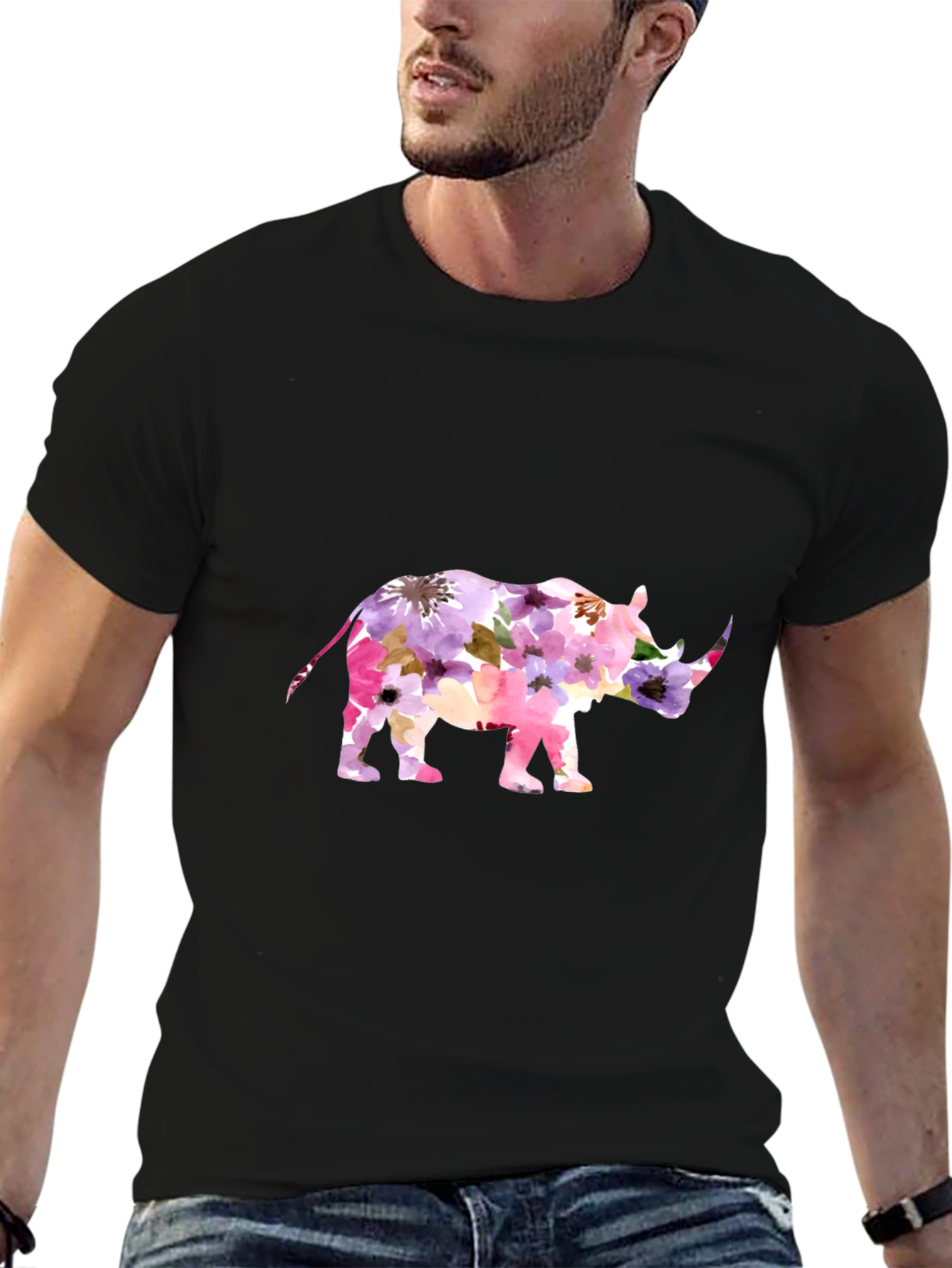 Floral Rhino Graphic Tee - Mens Black T-Shirt