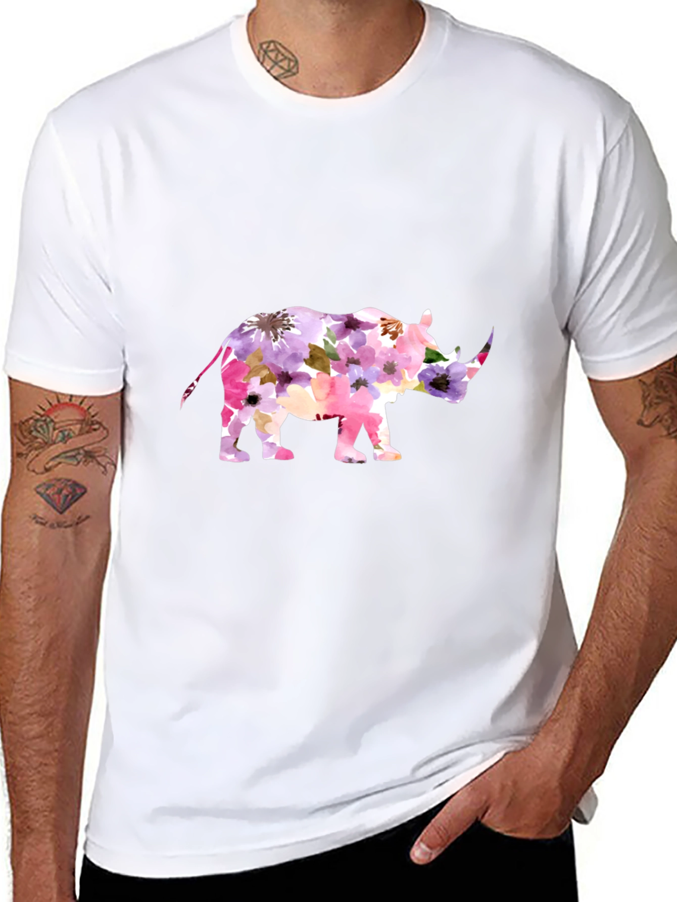 Floral Rhino Graphic Tee - Mens Black T-Shirt